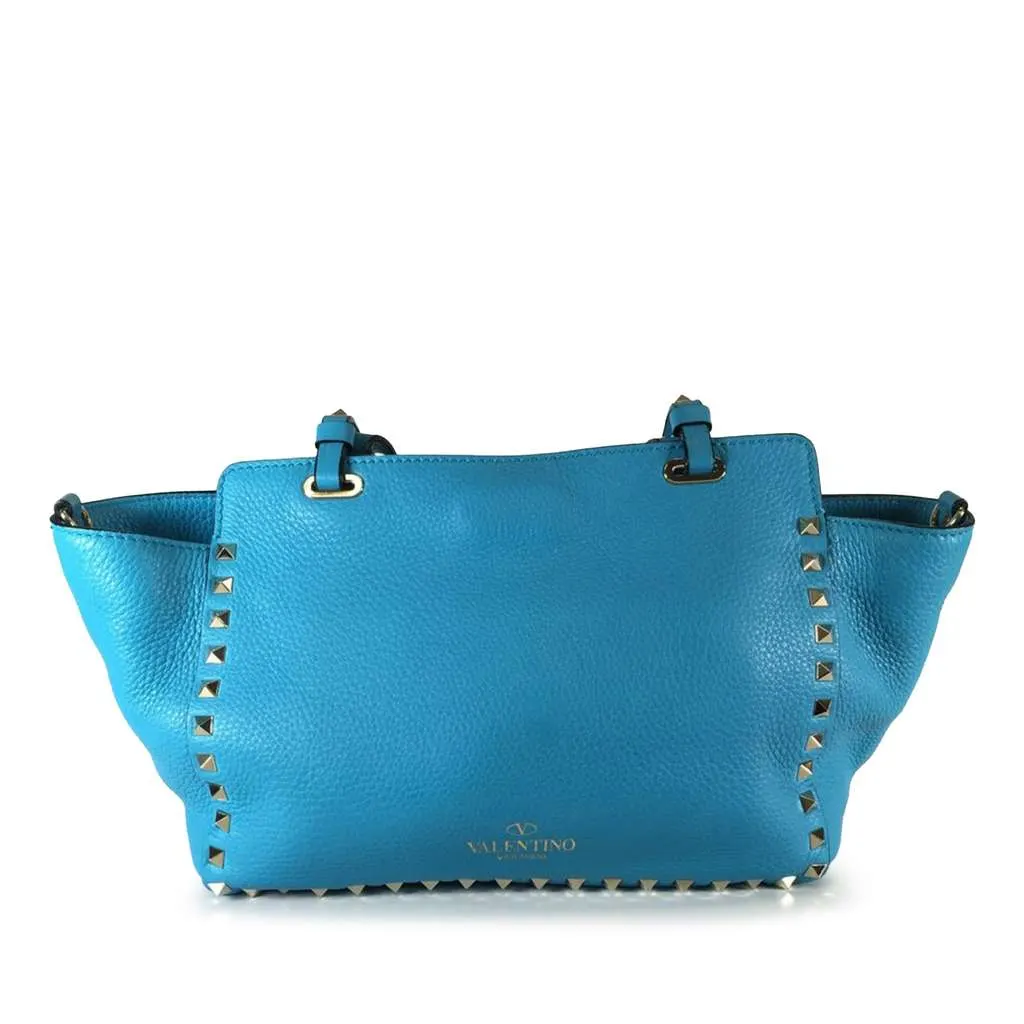 Valentino Small Grained Calfskin Rockstud Trapeze Satchel Blue Leather Very good - Back View