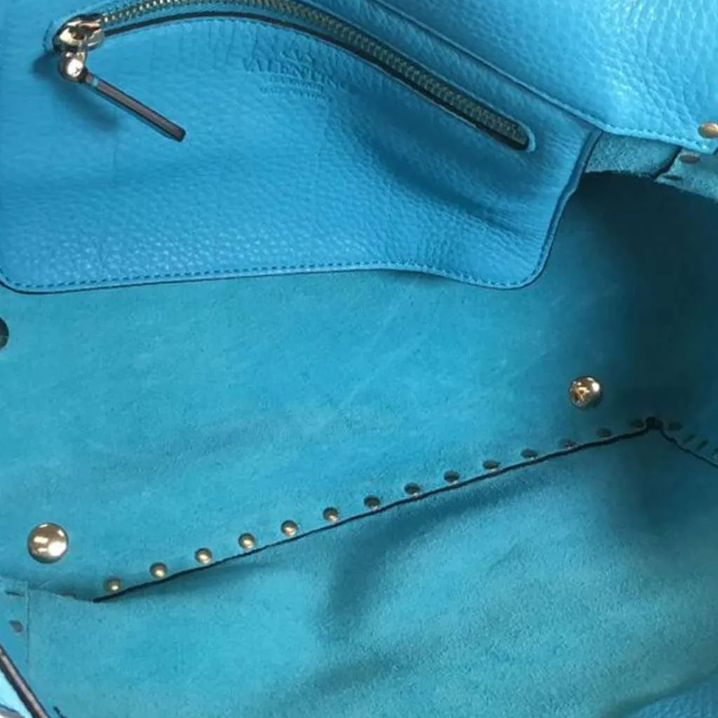 Valentino Small Grained Calfskin Rockstud Trapeze Satchel Blue Leather Very good - Model View