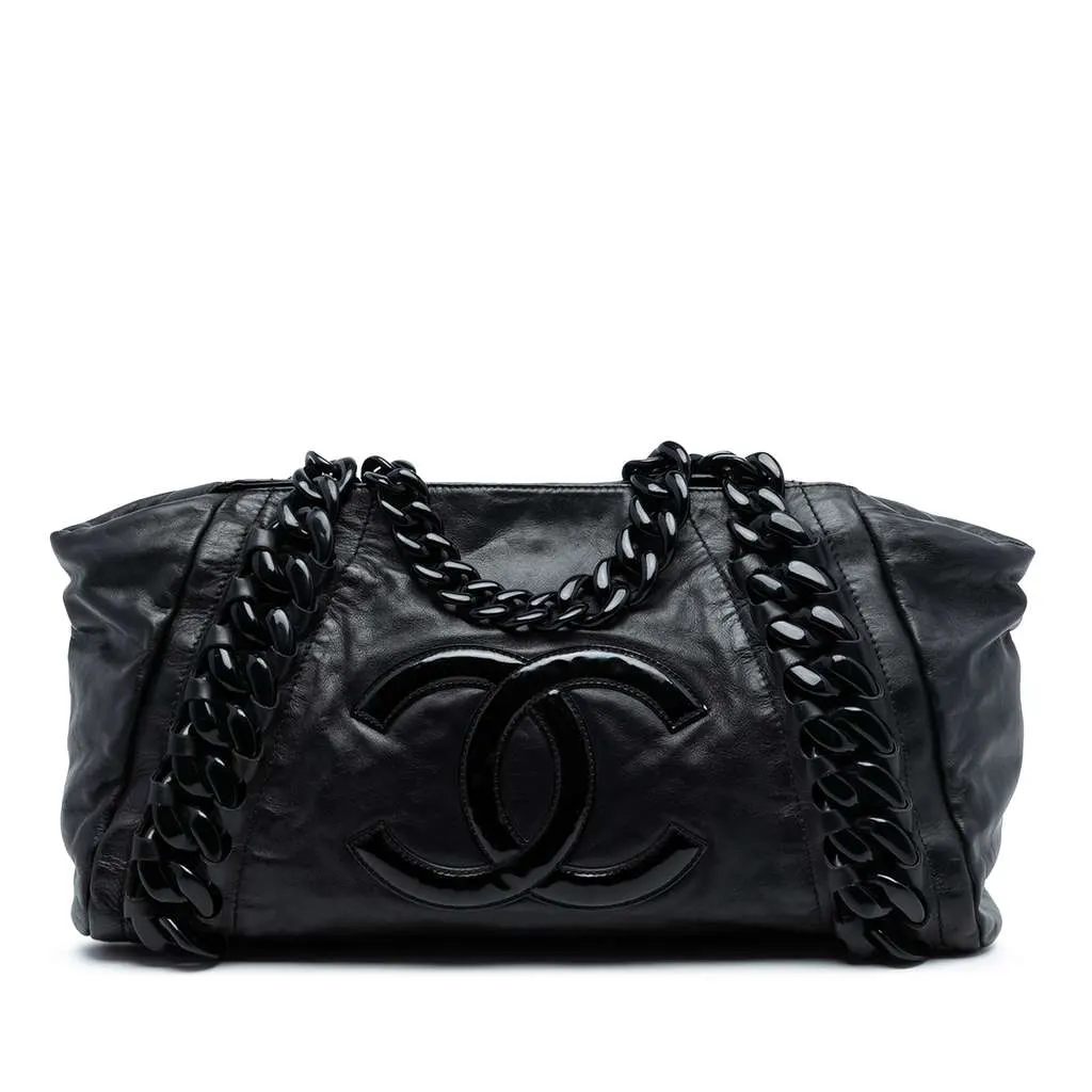 Chanel Calfskin Modern Chain Rhodoid East West Tote Black Leather Good - Front View
