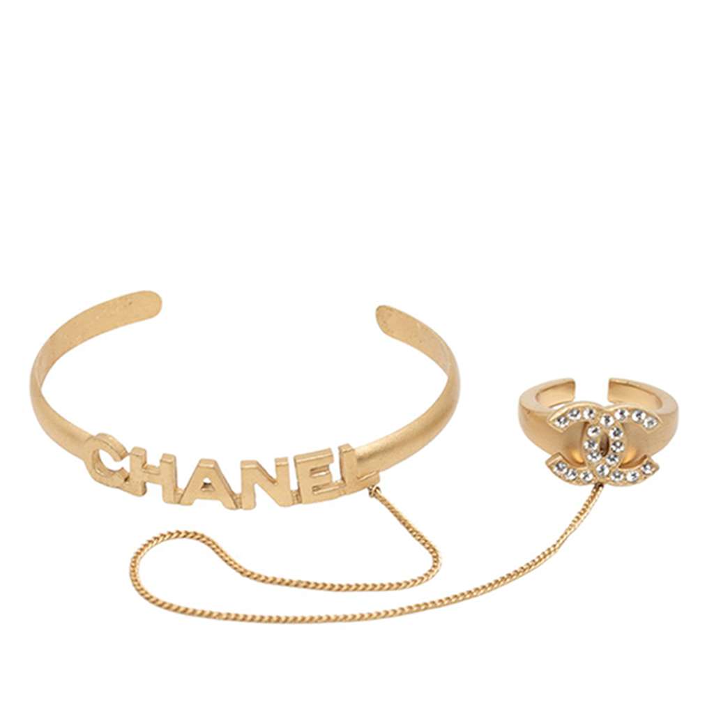 Chanel CC Gold Plated Rhinestone Logo Cuff Bracelet and Ring Set