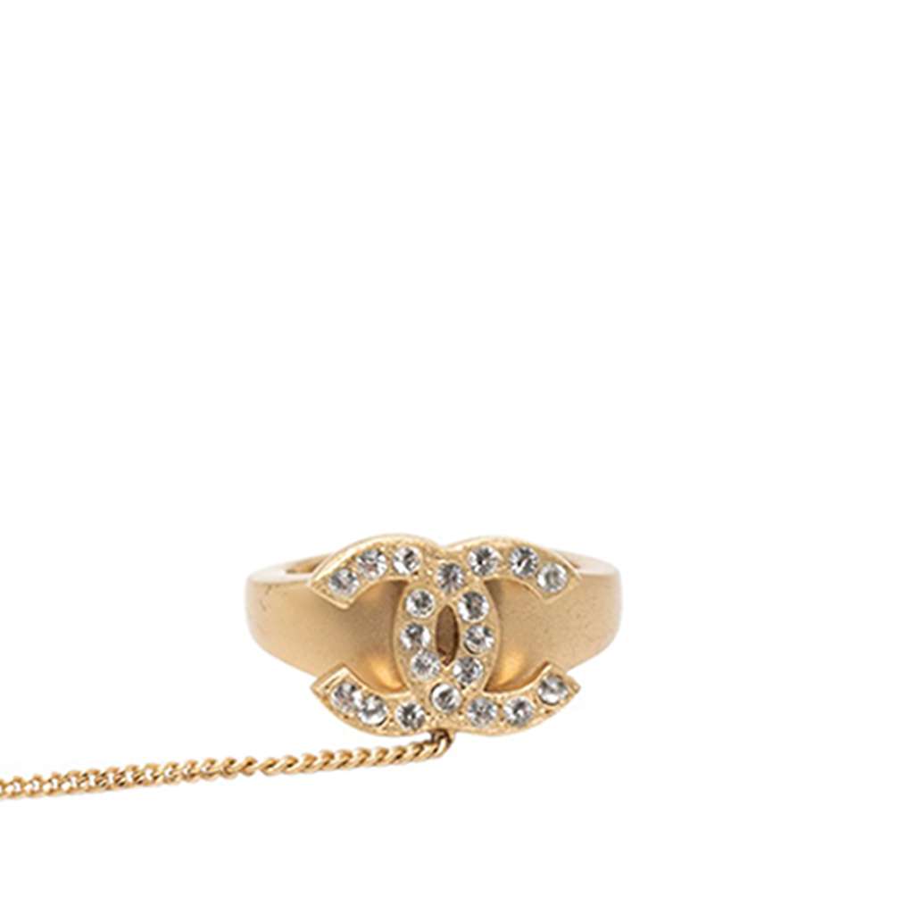 Chanel CC Gold Plated Rhinestone Logo Cuff Bracelet and Ring Set - 5