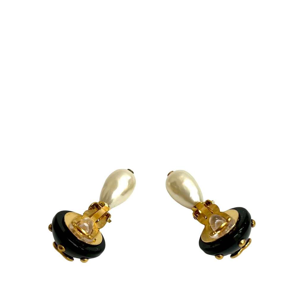 Chanel CC Gold Plated Resin and Faux Pearl Drop Clip On Earrings - 2