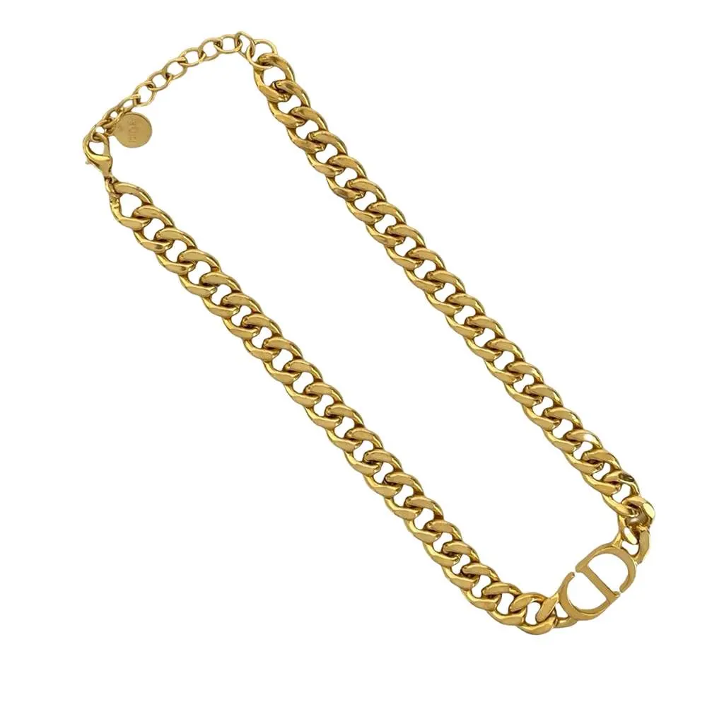 Dior Gold Plated CD Logo Chain Link Necklace Gold Metal Good - Front View