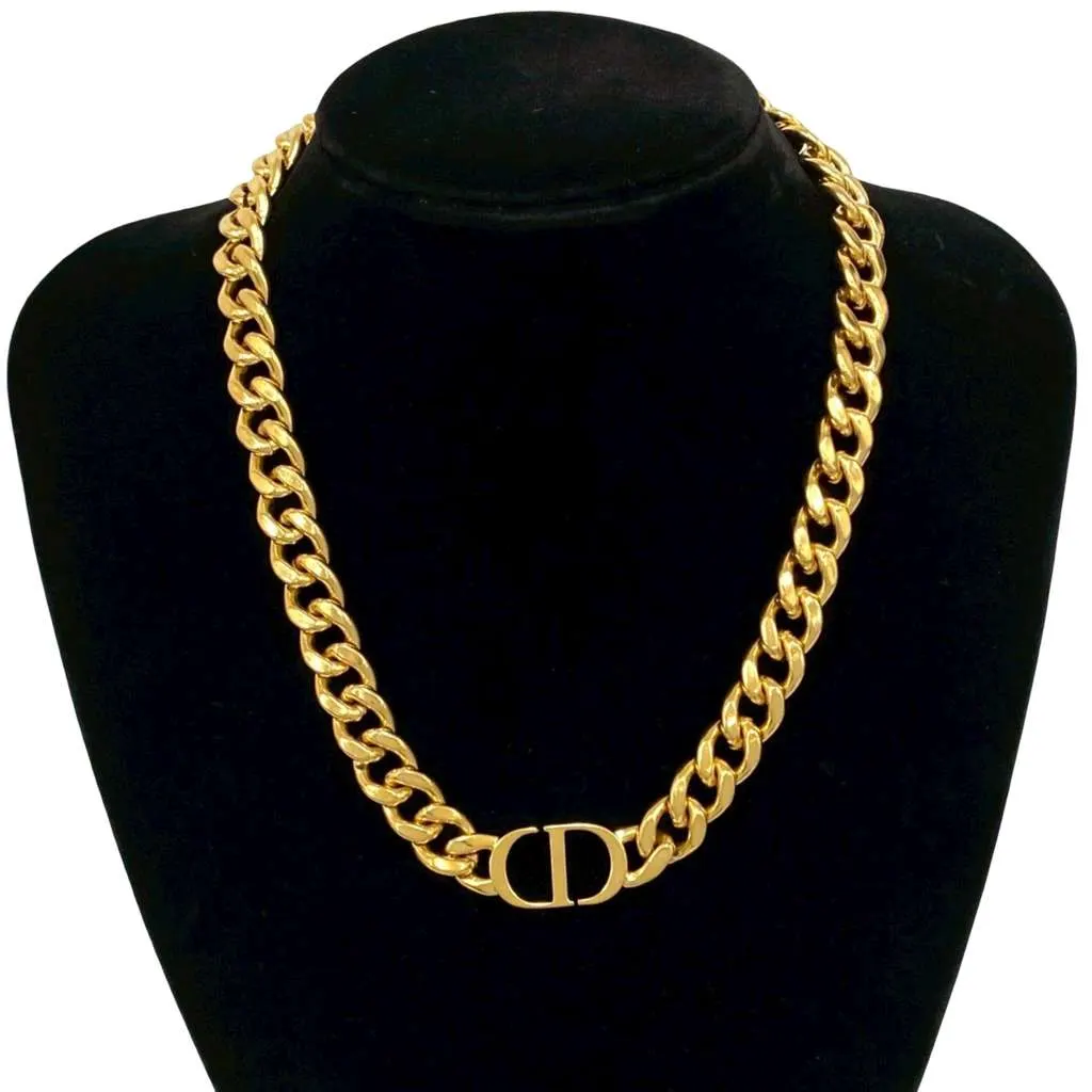 Dior Gold Plated CD Logo Chain Link Necklace Gold Metal Good - Model View