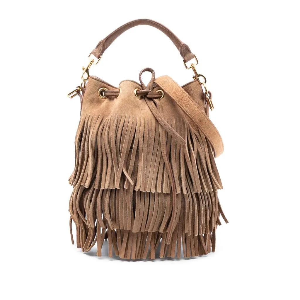 Saint Laurent Small Suede Emmanuelle Fringe Bucket Bag Brown Leather Good - Front View