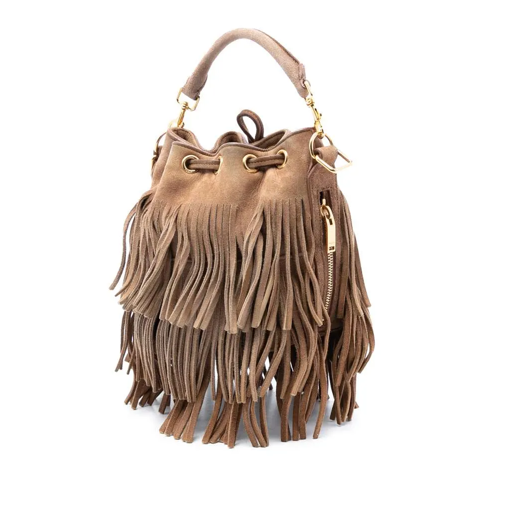 Saint Laurent Small Suede Emmanuelle Fringe Bucket Bag Brown Leather Good - Back View