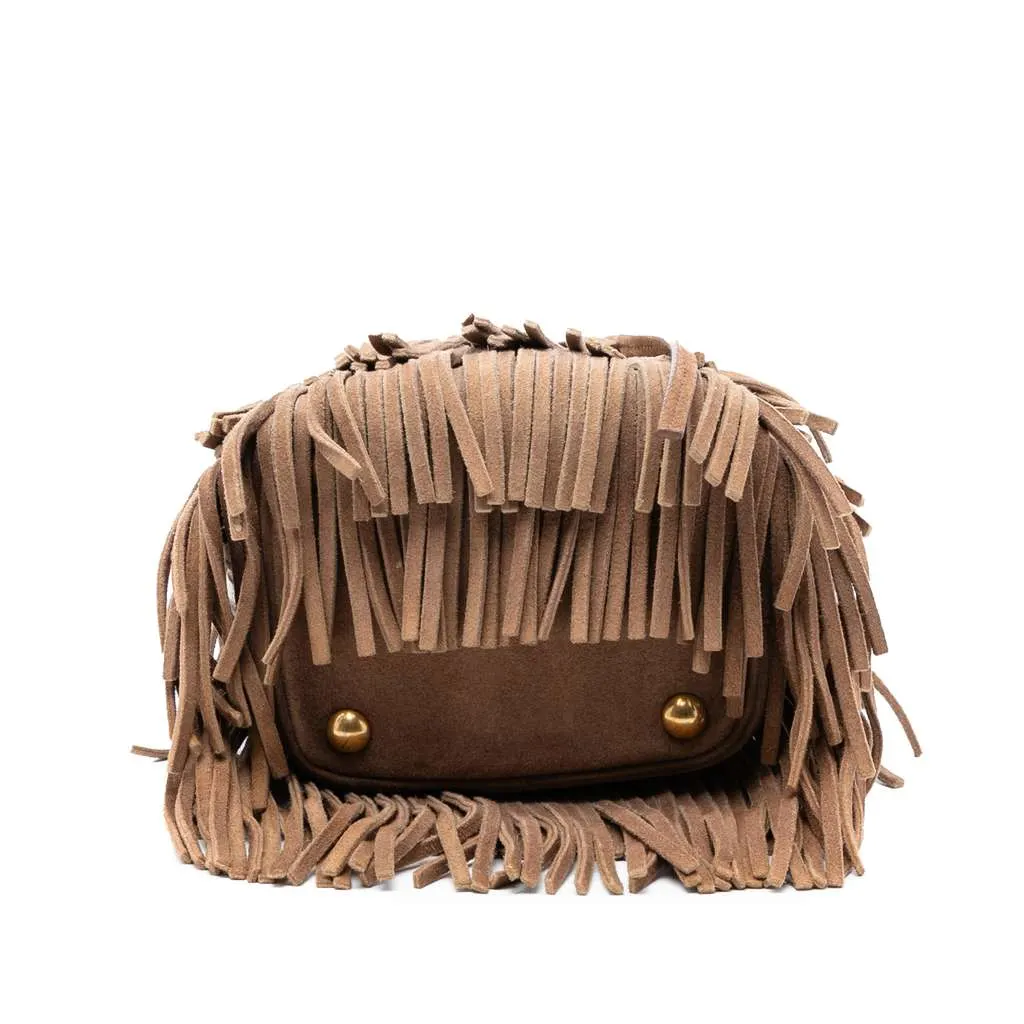 Saint Laurent Small Suede Emmanuelle Fringe Bucket Bag Brown Leather Good - Inside View