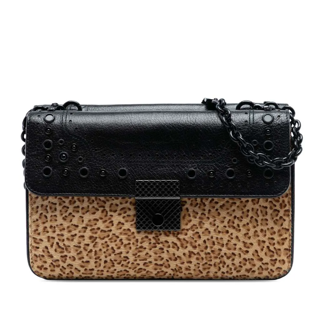 Bottega Veneta Leopard Print Pony Hair Glass Shoulder Bag Brown Very good - Front View