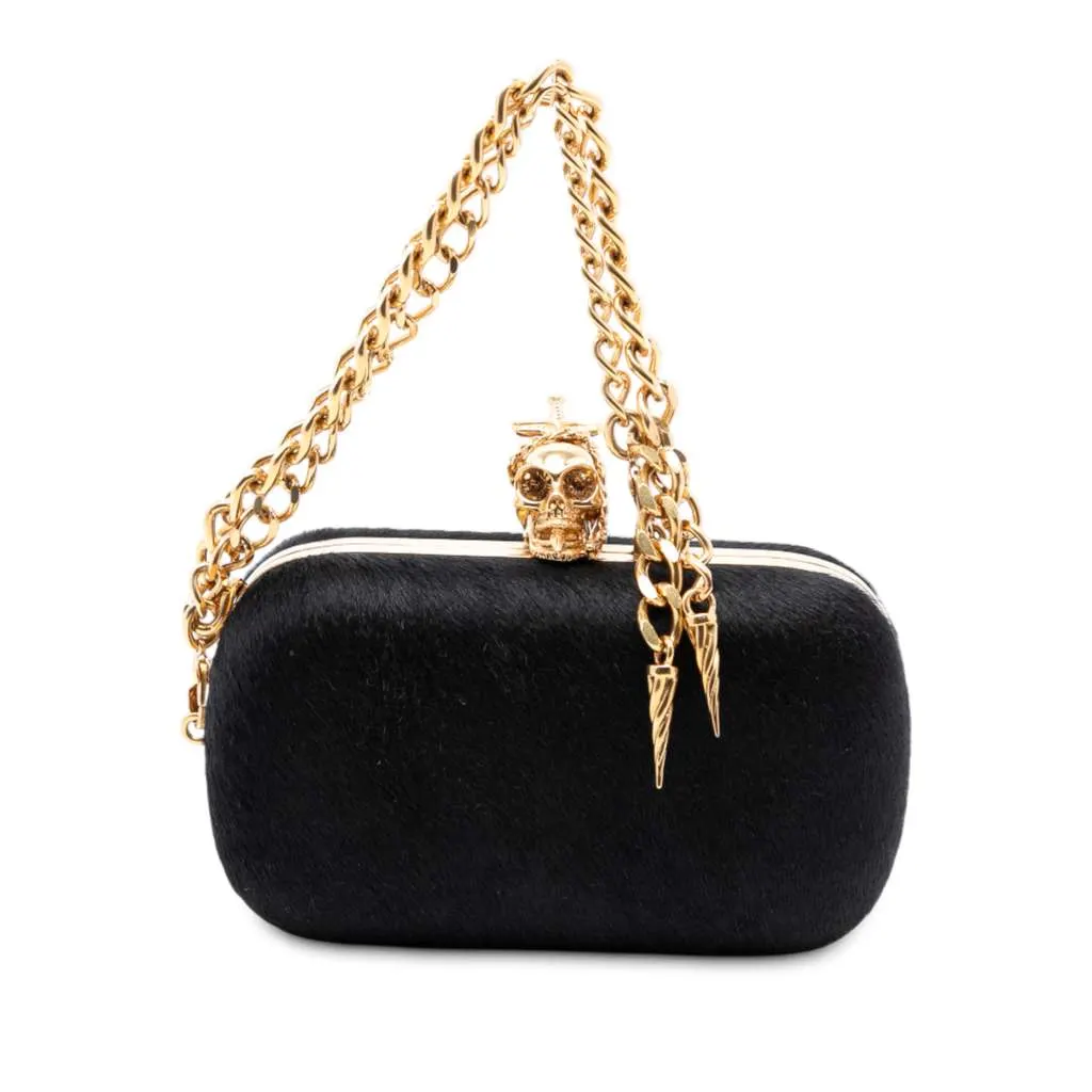 Alexander Mcqueen Pony Hair Skull Clutch Black Good - Front View