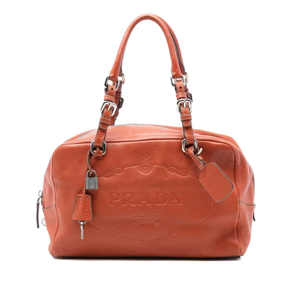 Prada Vitello Daino Embossed Logo Bauletto Red Leather Very good - Front View