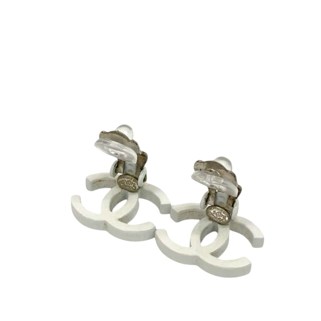 Chanel CC Silver Plated Lacquered Clip On Earrings - 2