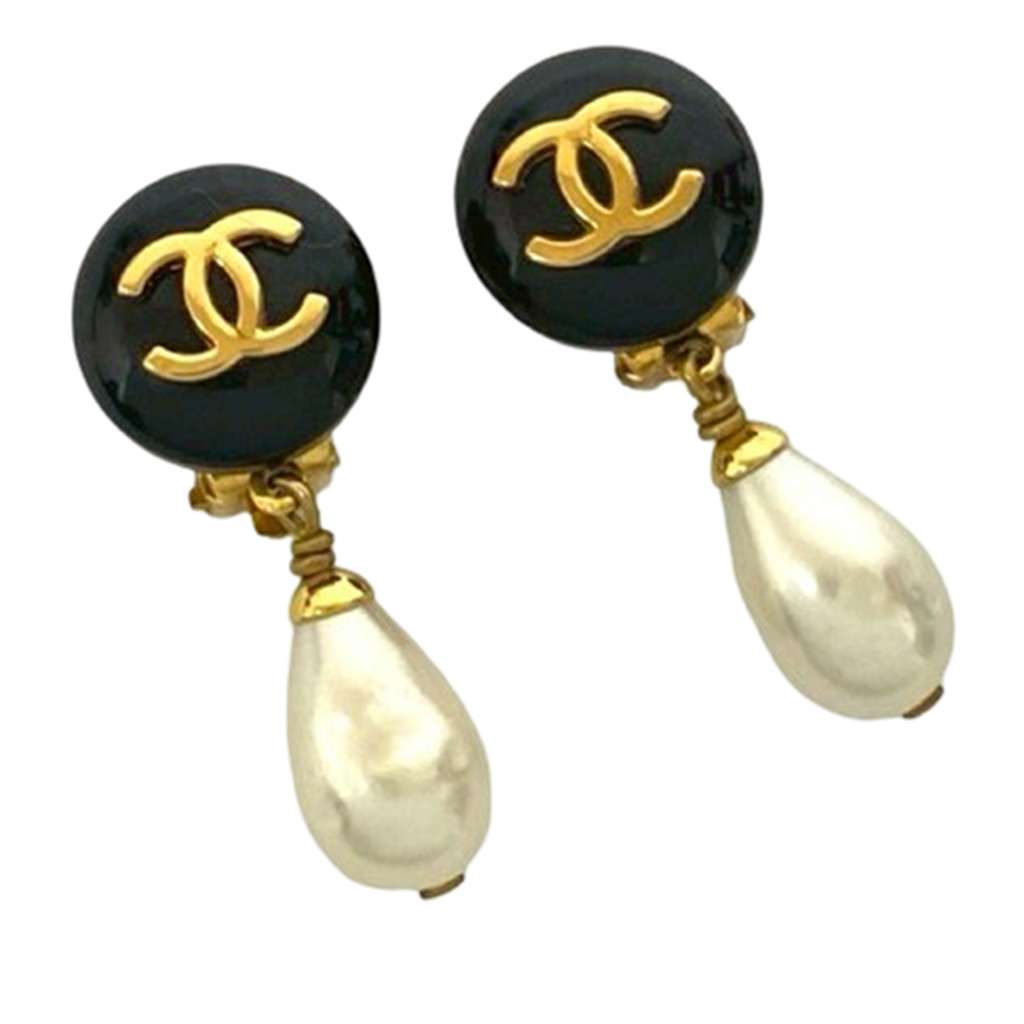 Chanel CC Gold Plated Resin and Faux Pearl Drop Clip On Earrings