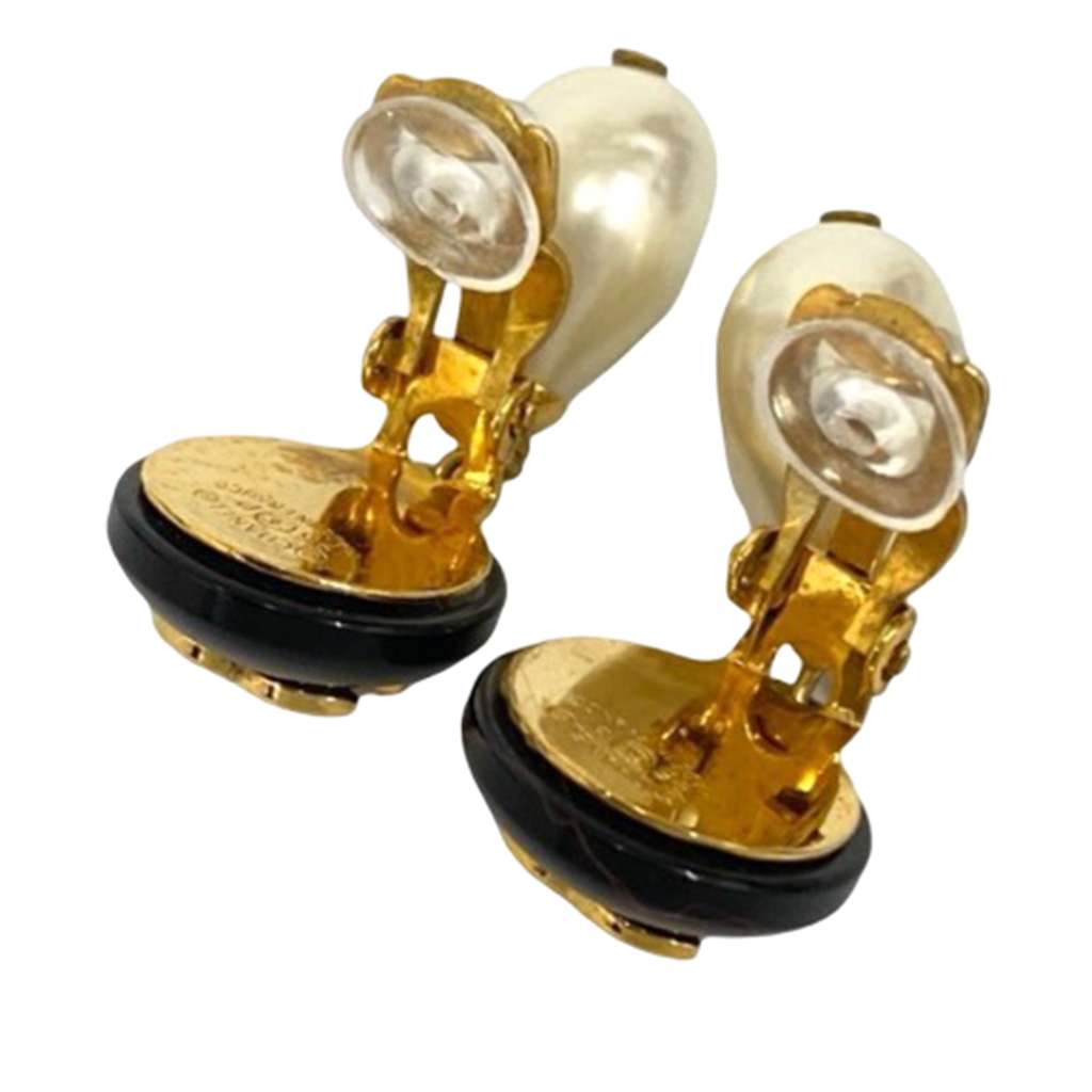 Chanel CC Gold Plated Resin and Faux Pearl Drop Clip On Earrings - 3