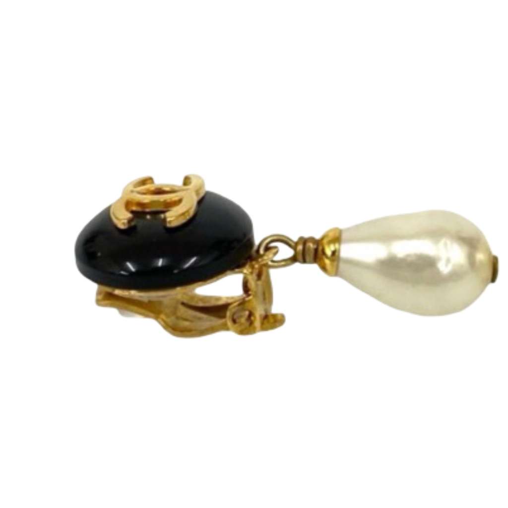 Chanel CC Gold Plated Resin and Faux Pearl Drop Clip On Earrings - 4