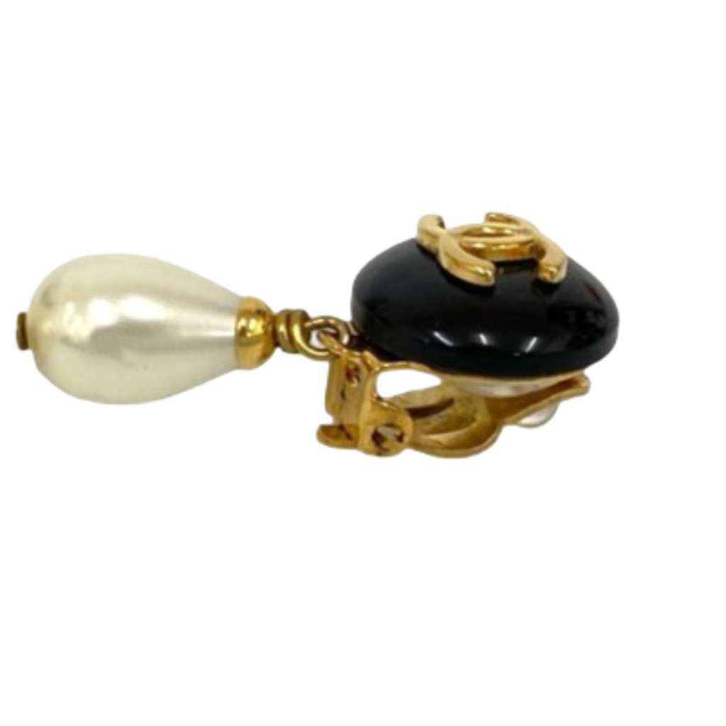 Chanel CC Gold Plated Resin and Faux Pearl Drop Clip On Earrings - 5