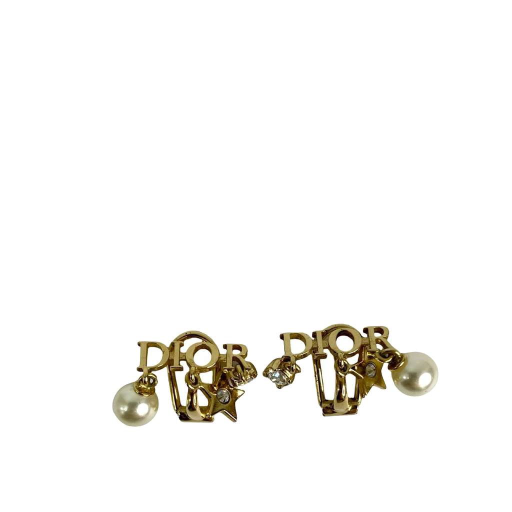 Dior Gold Plated Pearl Crystal Dio(r)evolution Clip On Earrings