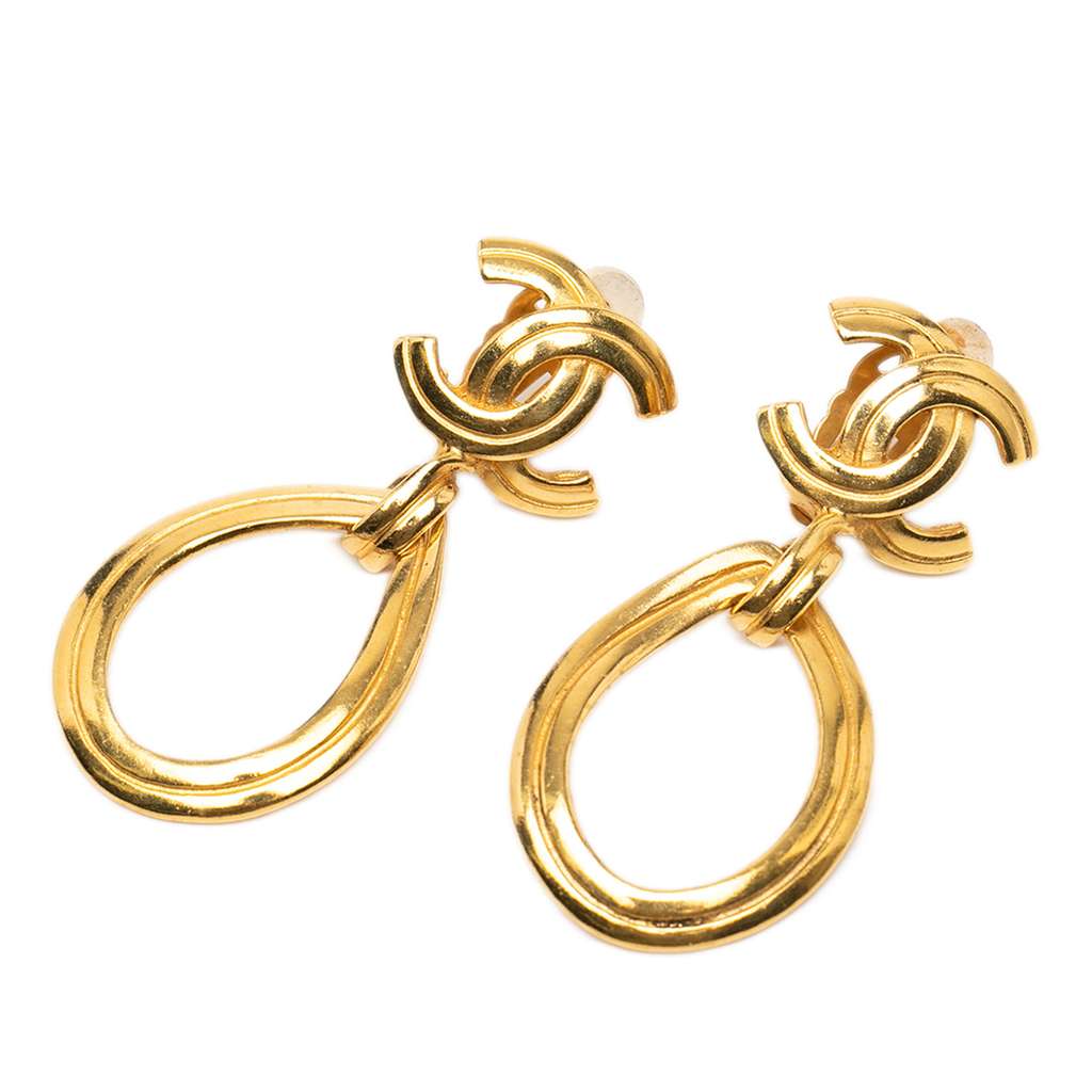 Chanel CC Gold Plated Teardrop Dangle Hoop Clip On Earrings
