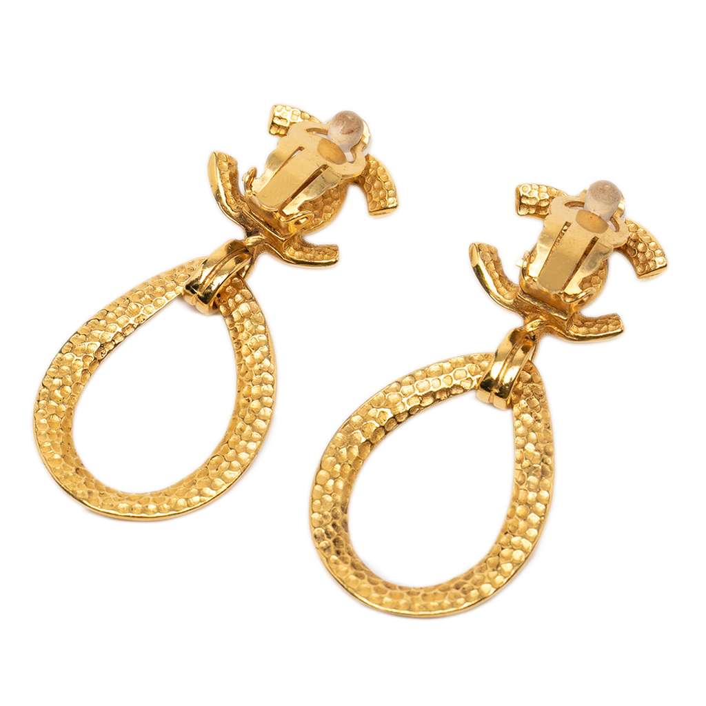 Chanel CC Gold Plated Teardrop Dangle Hoop Clip On Earrings - 2