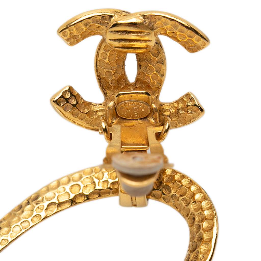 Chanel CC Gold Plated Teardrop Dangle Hoop Clip On Earrings - 3