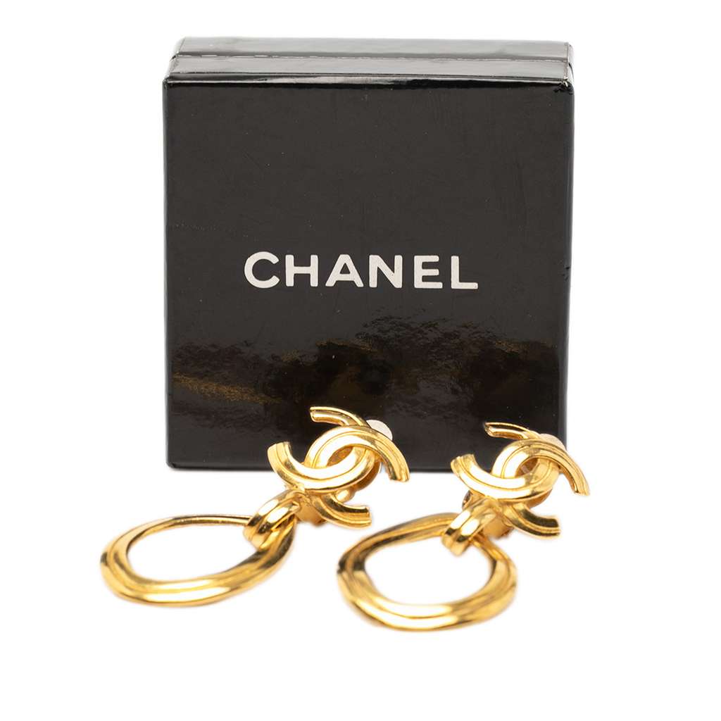 Chanel CC Gold Plated Teardrop Dangle Hoop Clip On Earrings - 4