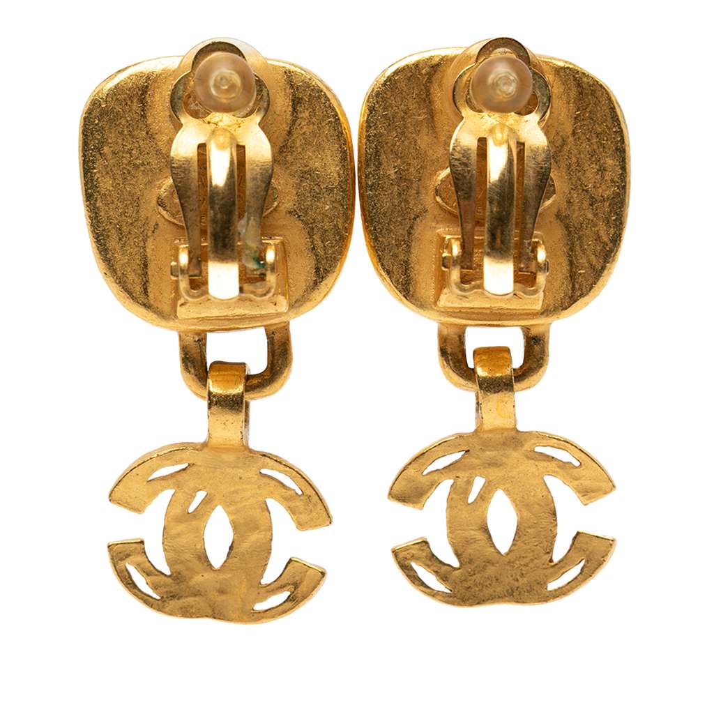 Chanel CC Gold Plated Drop Dangle Clip On Earrings - 2