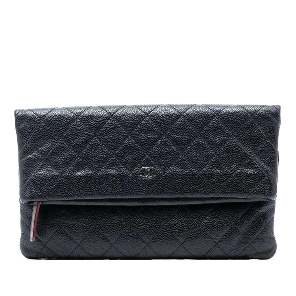 Chanel Quilted Caviar CC Beauty Foldover Clutch Black Leather Very good - Front View