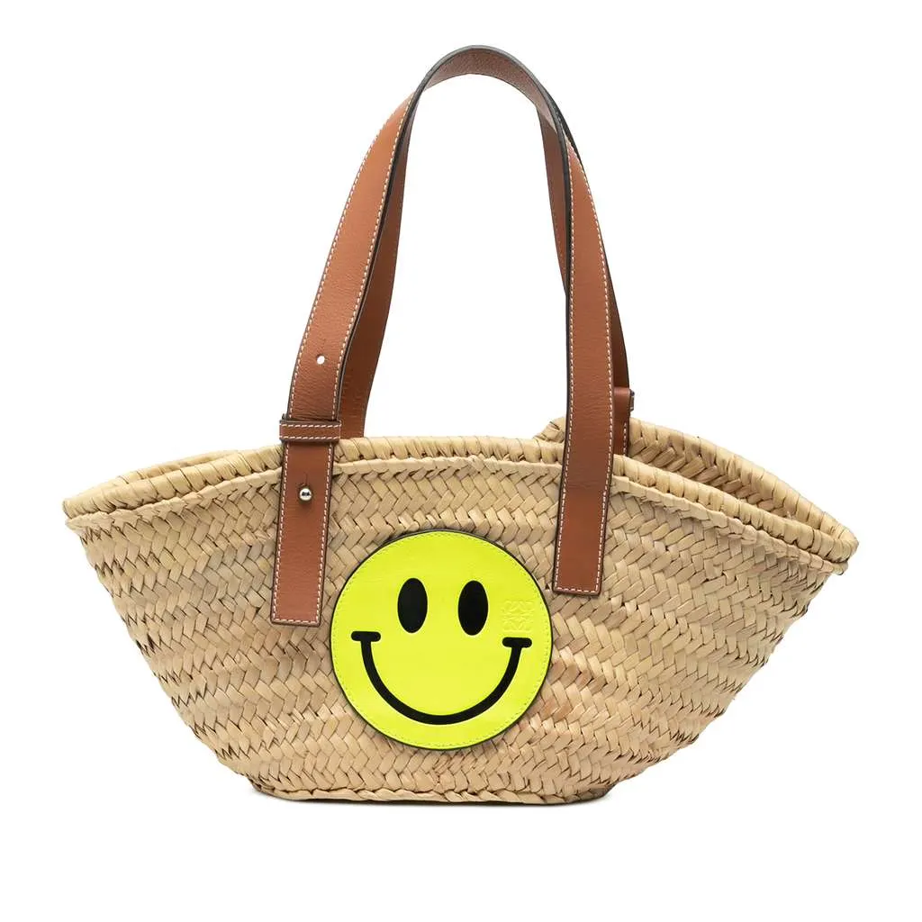 Loewe Paulas Ibiza Smiley Small Raffia Basket Tote Brown Very good - Front View