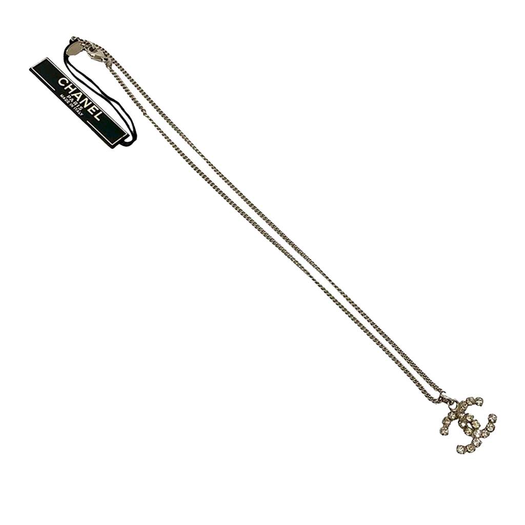 Chanel CC Silver Plated Rhinestone Pendant Necklace