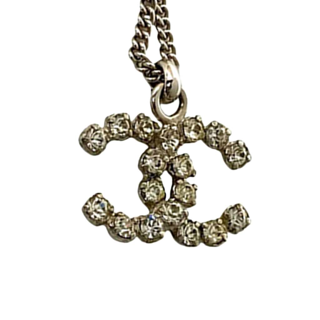 Chanel CC Silver Plated Rhinestone Pendant Necklace - 3
