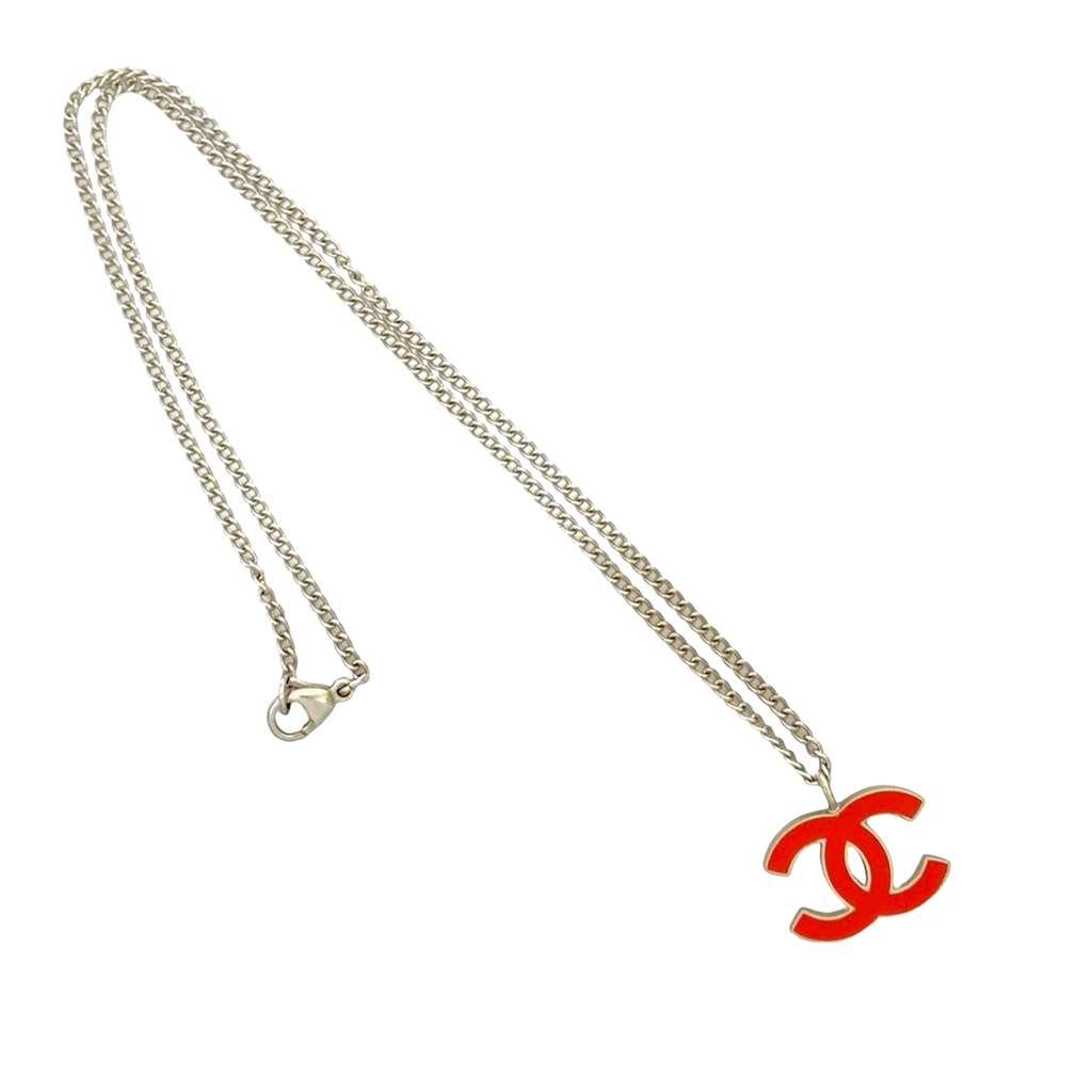 Chanel CC Silver Plated Enamel Pendant Necklace