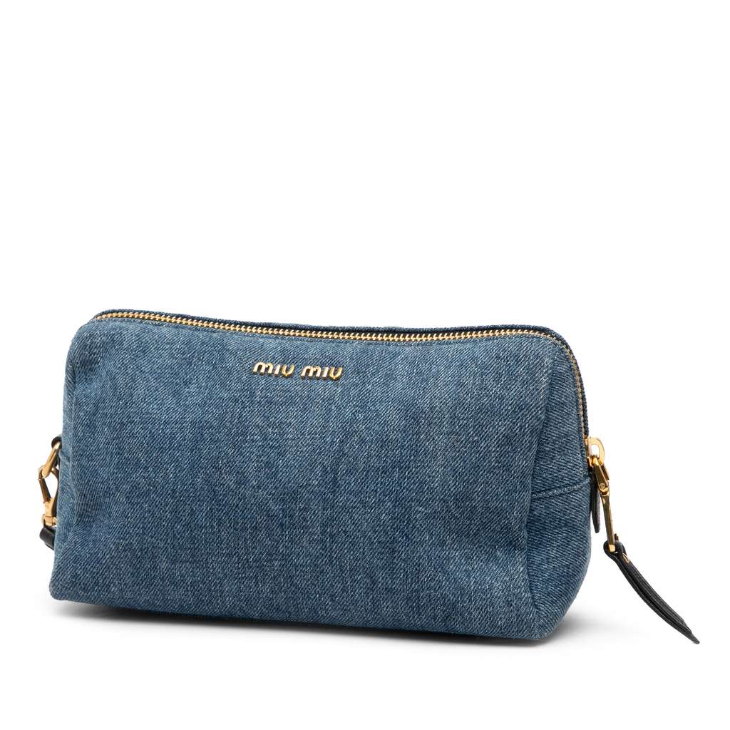 Miu Miu Denim Embroidered Logo Wristlet Pouch - 2