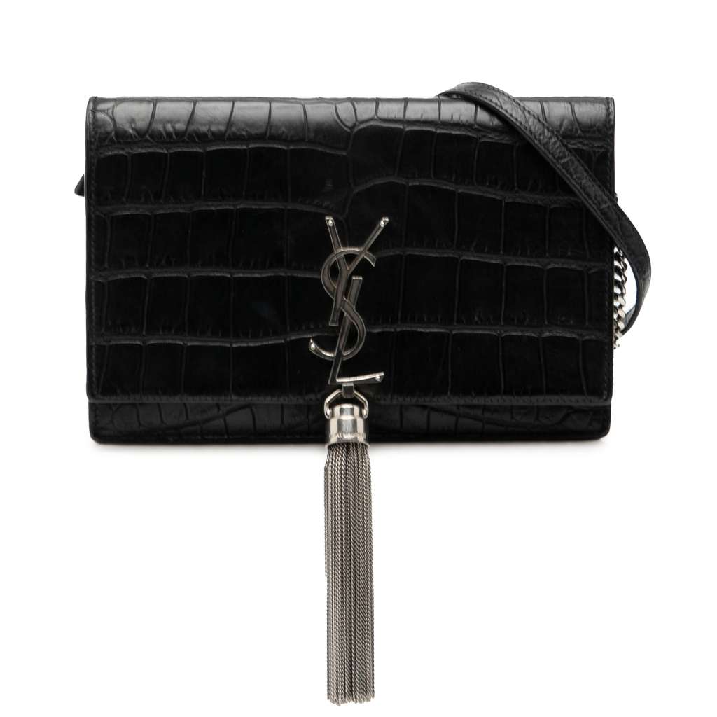 Saint Laurent Croc Embossed Leather Monogram Kate Tassel Wallet on Chain