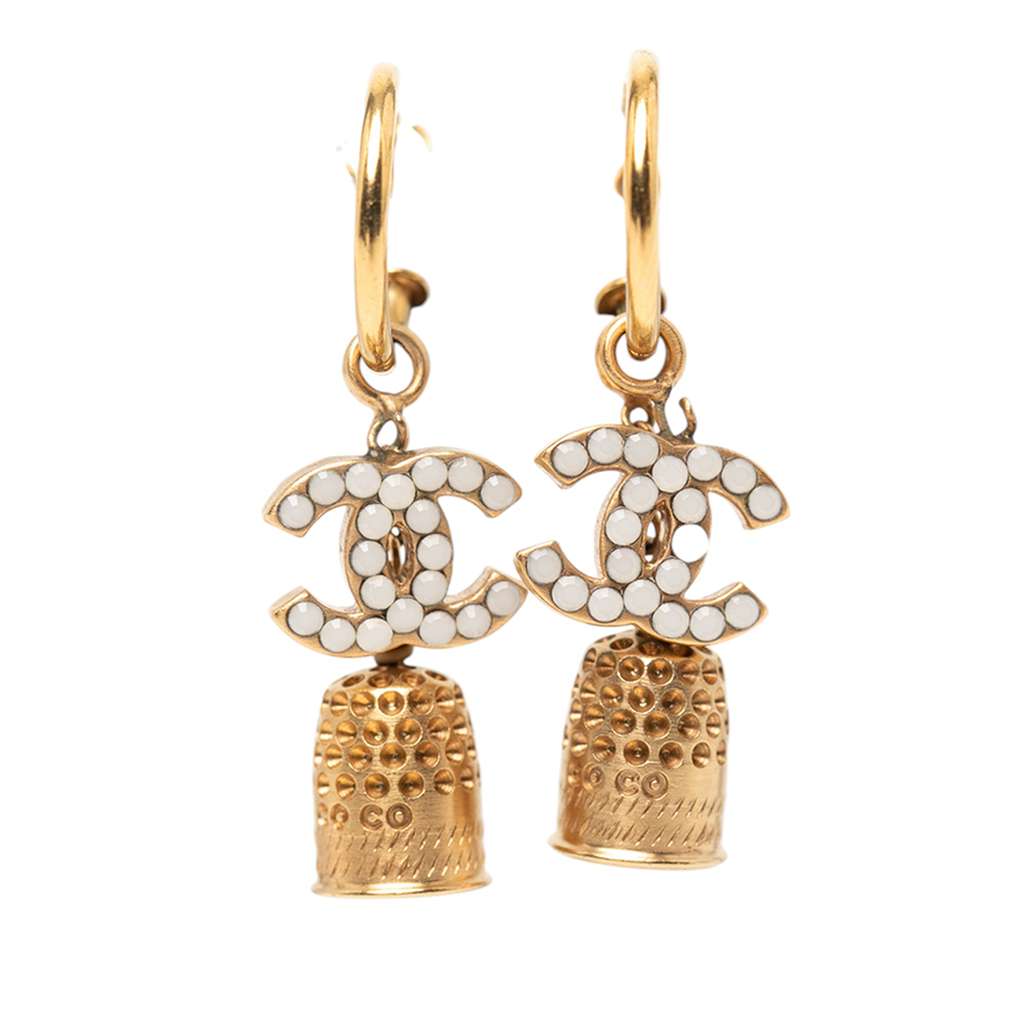 Chanel Gold Plated Enamel CC Bell Drop Push Back Earrings
