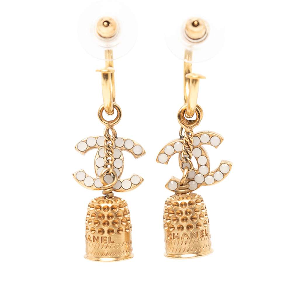 Chanel Gold Plated Enamel CC Bell Drop Push Back Earrings - 2