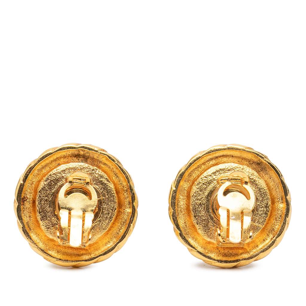 Chanel Gold Plated Faux Pearl Round Button Clip On Earrings - 2