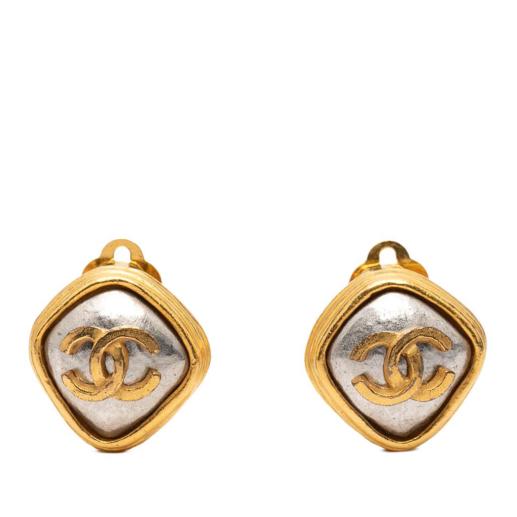 Chanel CC Gold Plated Diamond Shape Clip on Earrings