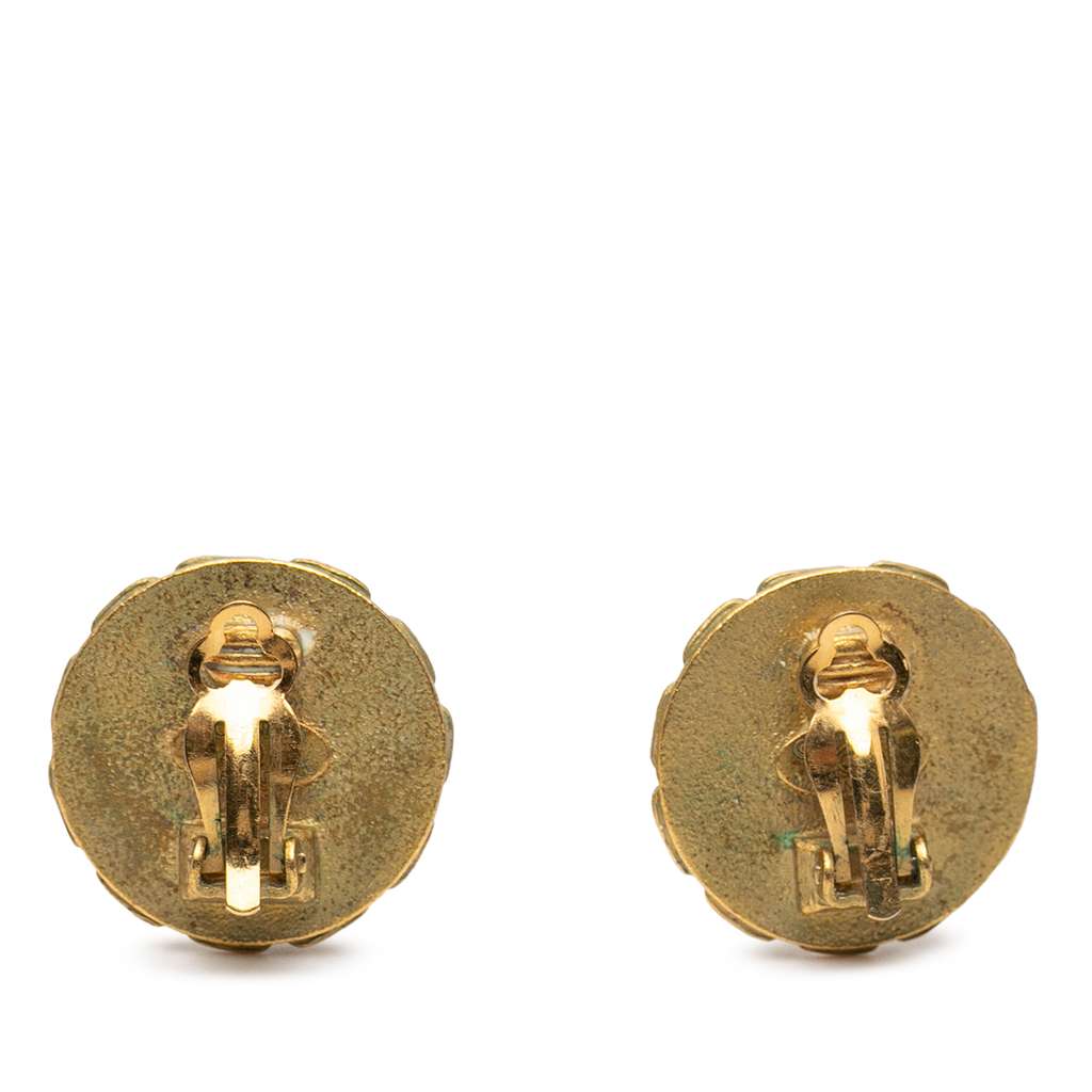 Chanel CC Gold Plated Enamel Round Clip On Earrings - 2