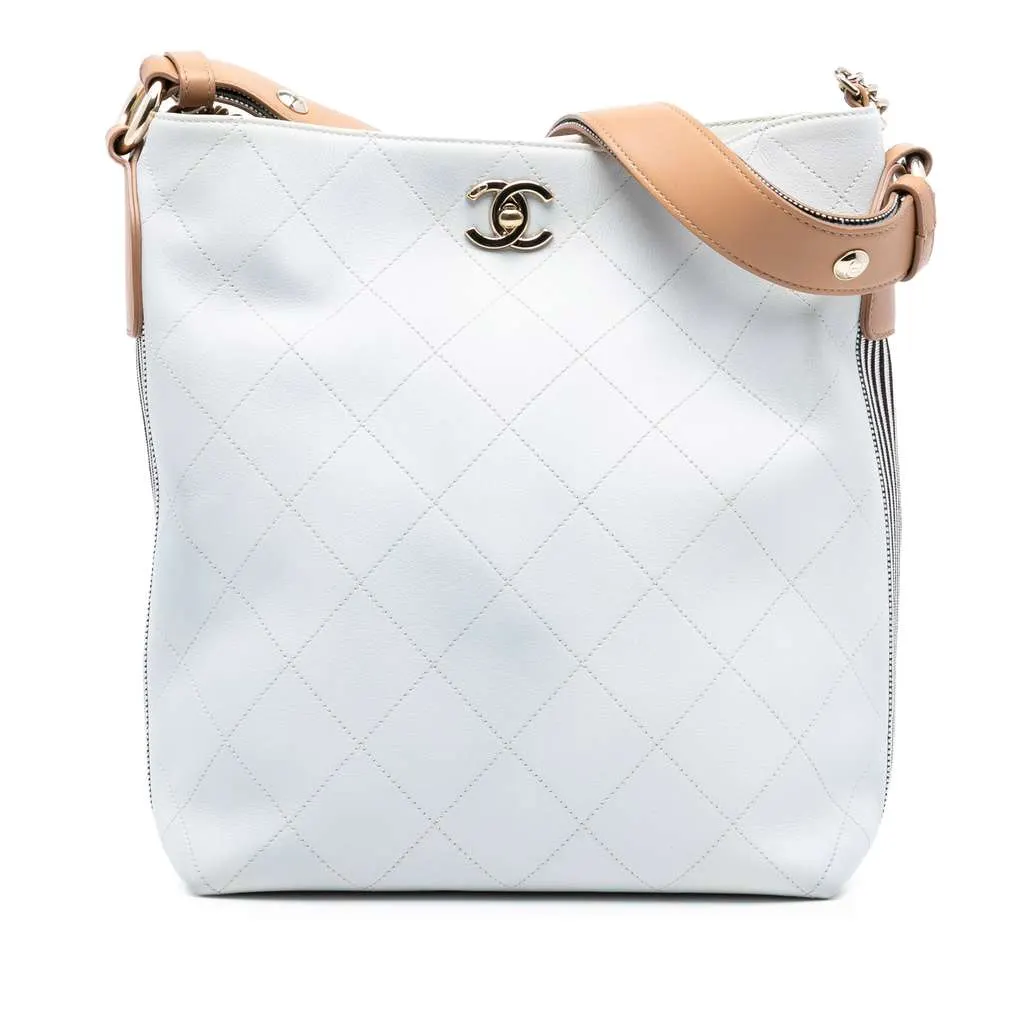Chanel Large Stitched Calfskin Button Up Hobo White Leather Very good - Front View