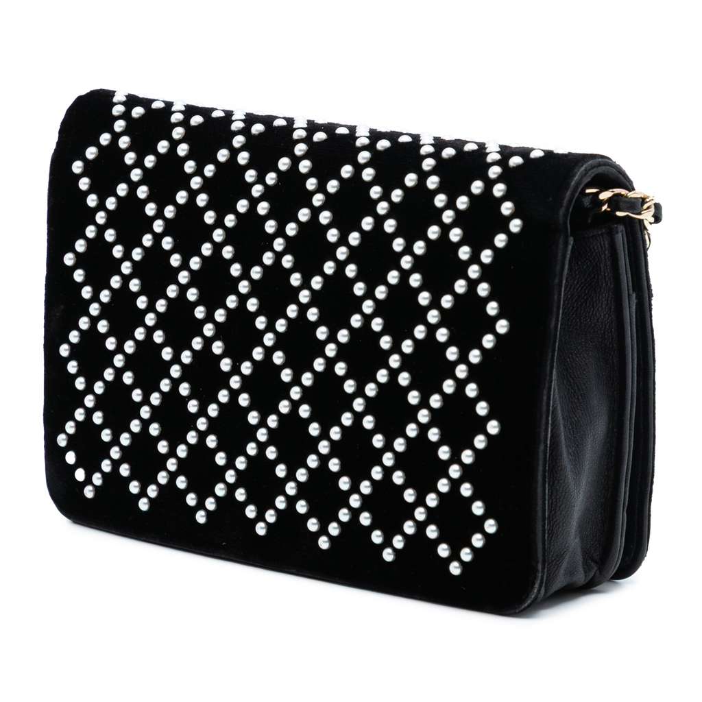 Chanel CC Velvet Pearl Embellished Wallet on Chain - 2
