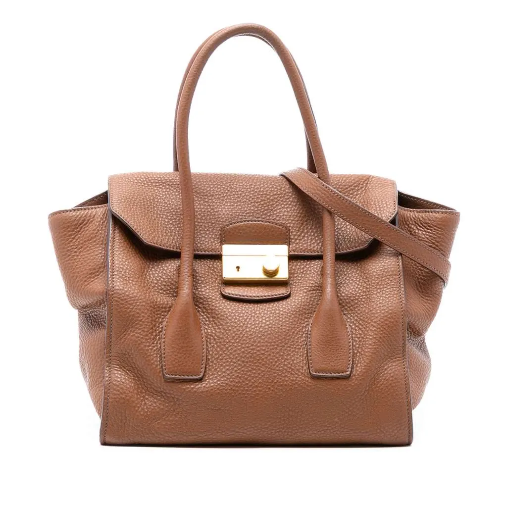 Prada Vitello Daino Sound Lock Satchel Brown Leather Very good - Front View