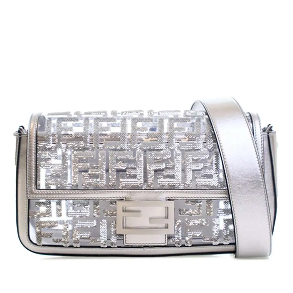 Fendi Nicki Minaj Medium Sequined PVC FF 1974 Baguette Satchel Silver Good - Front View
