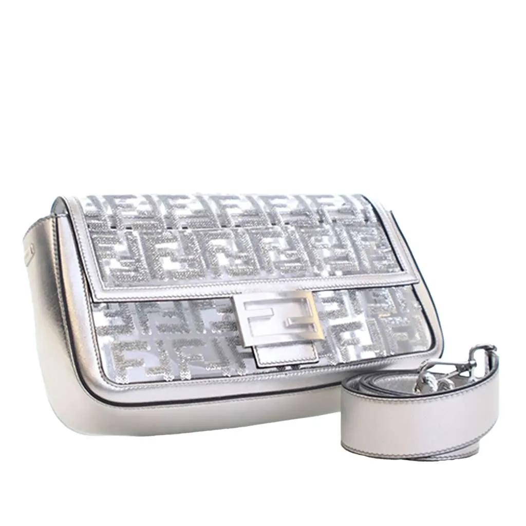 Fendi Nicki Minaj Medium Sequined PVC FF 1974 Baguette Satchel Silver Good - Inside View