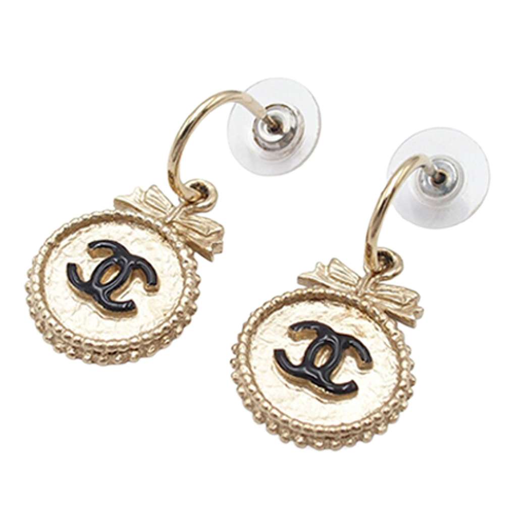 Chanel CC Gold Plated Enamel Round Bow Dangle Stud Push Back Earrings - 2