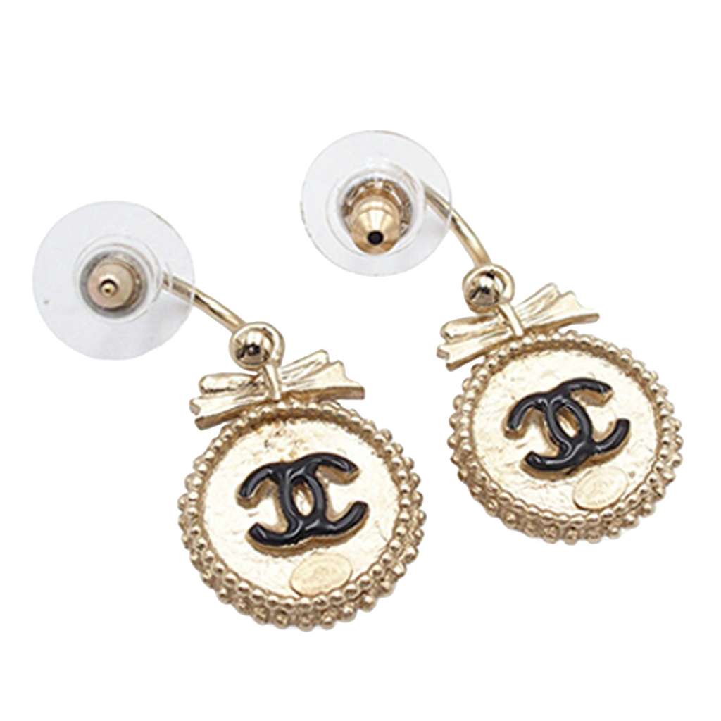 Chanel CC Gold Plated Enamel Round Bow Dangle Stud Push Back Earrings - 3