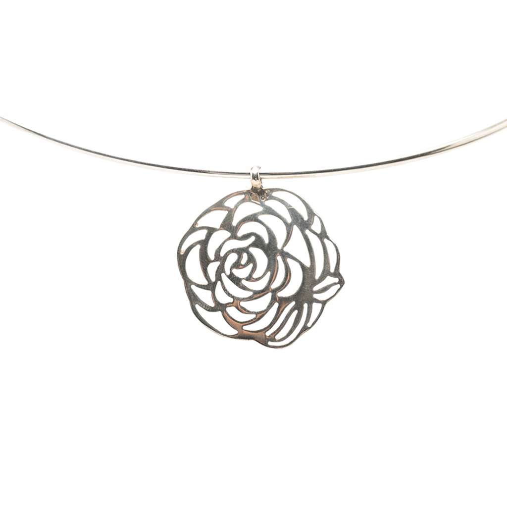 Chanel Sterling Silver Camellia Cutout Pendant Choker - 2