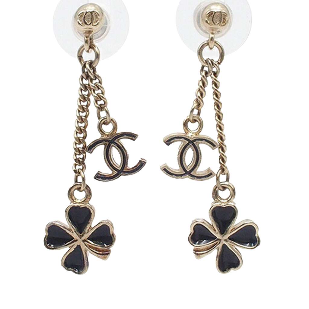 Chanel CC Gold Plated Resin Clover Swing Push Back Earrings - 2