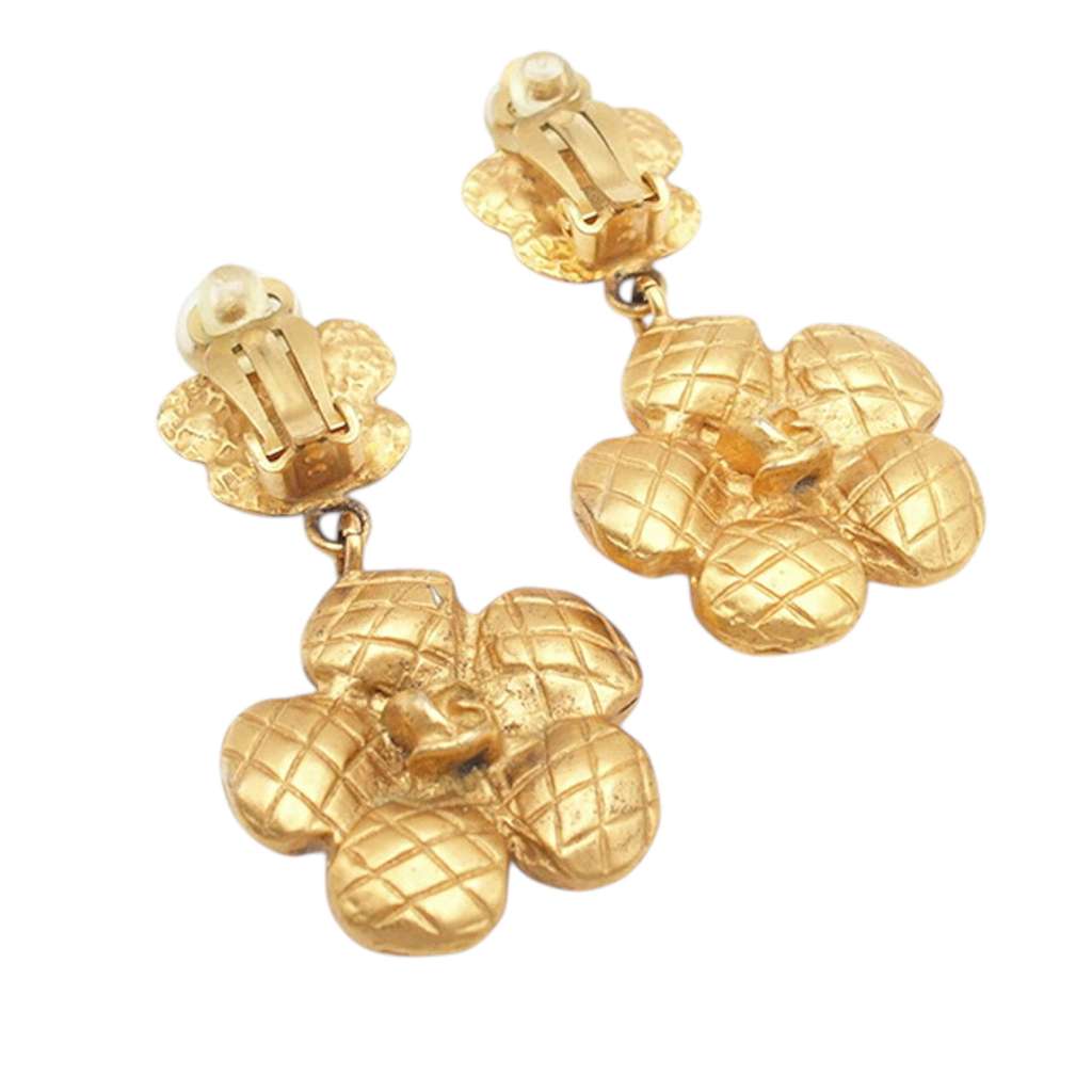 Chanel Gold Plated Quilted Camellia Drop Clip on Earrings - 2