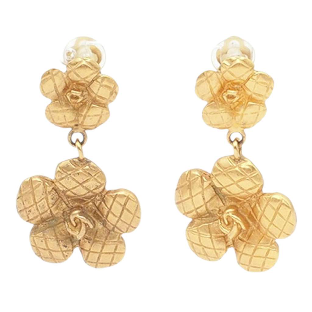 Chanel Gold Plated Quilted Camellia Drop Clip on Earrings - 3