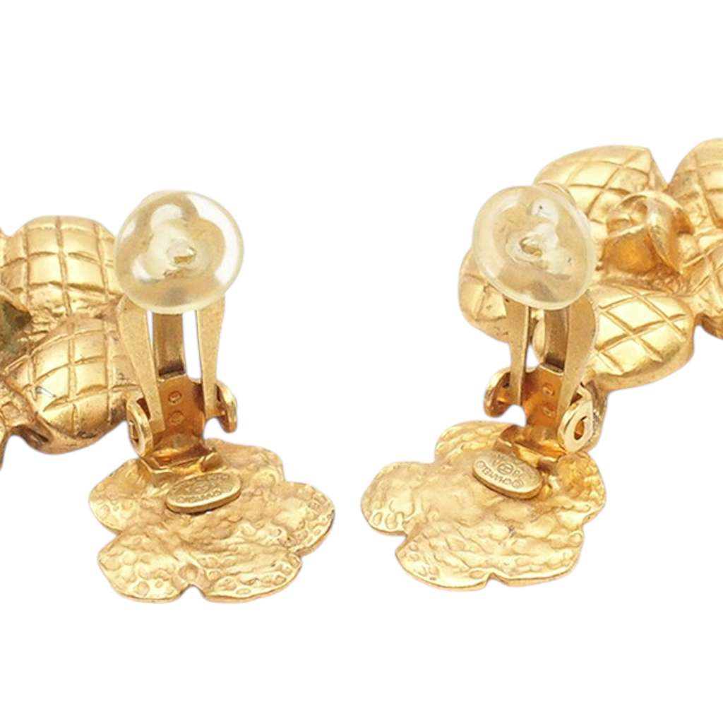 Chanel Gold Plated Quilted Camellia Drop Clip on Earrings - 4
