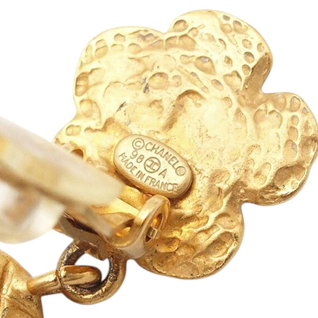 Chanel Gold Plated Quilted Camellia Drop Clip on Earrings - 5